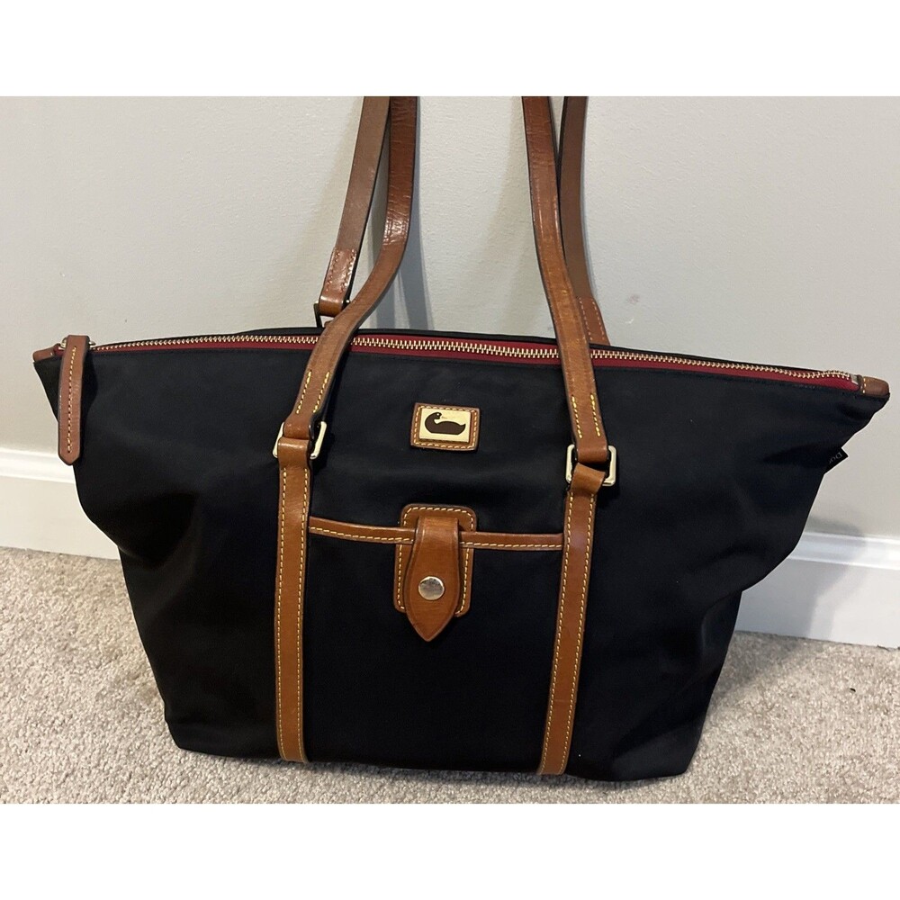 Dooney & Bourke Nylon Tote Black Brown Leather Shoulder Strap Gold Zip Durable